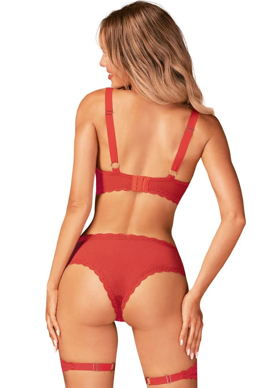 Red Underwire Bra Set With Garters