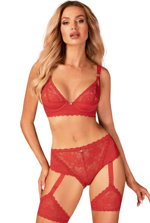 Red Underwire Bra Set With Garters