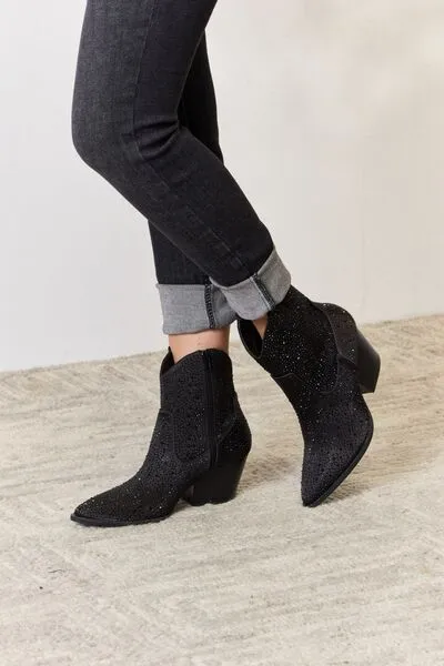 Rhinestone Ankle Cowboy Boots, Black