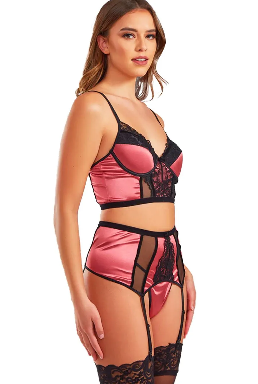 Rose Satin Lace Corset Bra & Suspender Belt Set