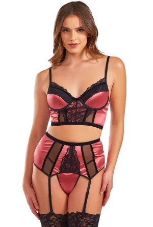 Rose Satin Lace Corset Bra & Suspender Belt Set