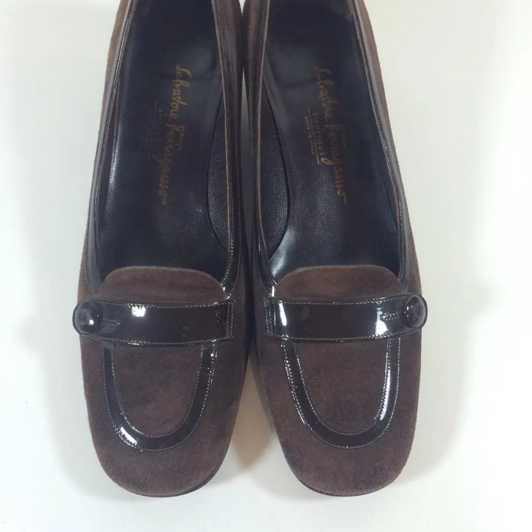 SALVATORE FERRAGAMO Chocolate Brown Suede Loafers with Patent Detail Size 8