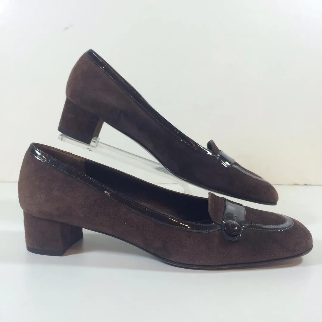 SALVATORE FERRAGAMO Chocolate Brown Suede Loafers with Patent Detail Size 8