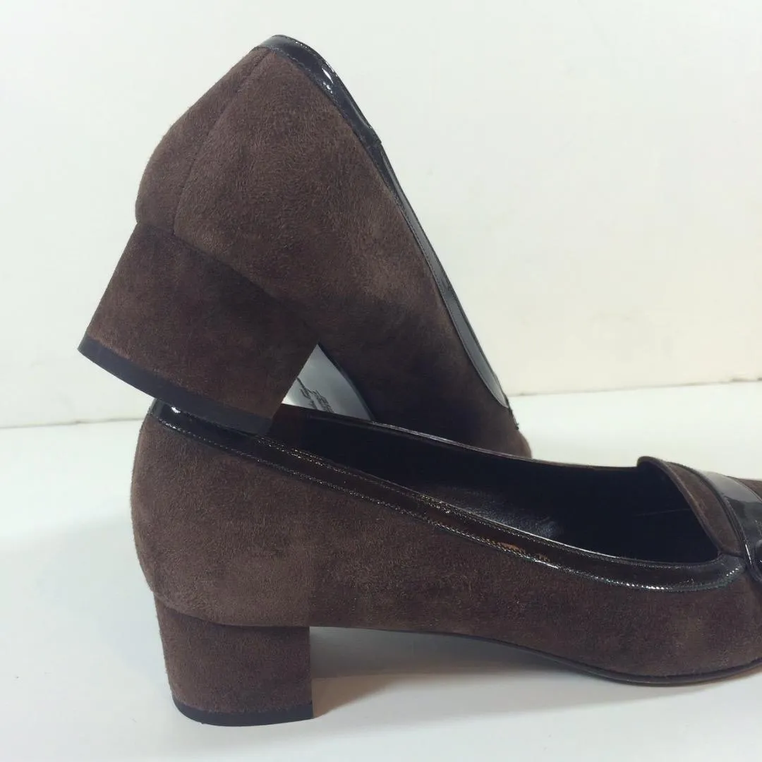 SALVATORE FERRAGAMO Chocolate Brown Suede Loafers with Patent Detail Size 8