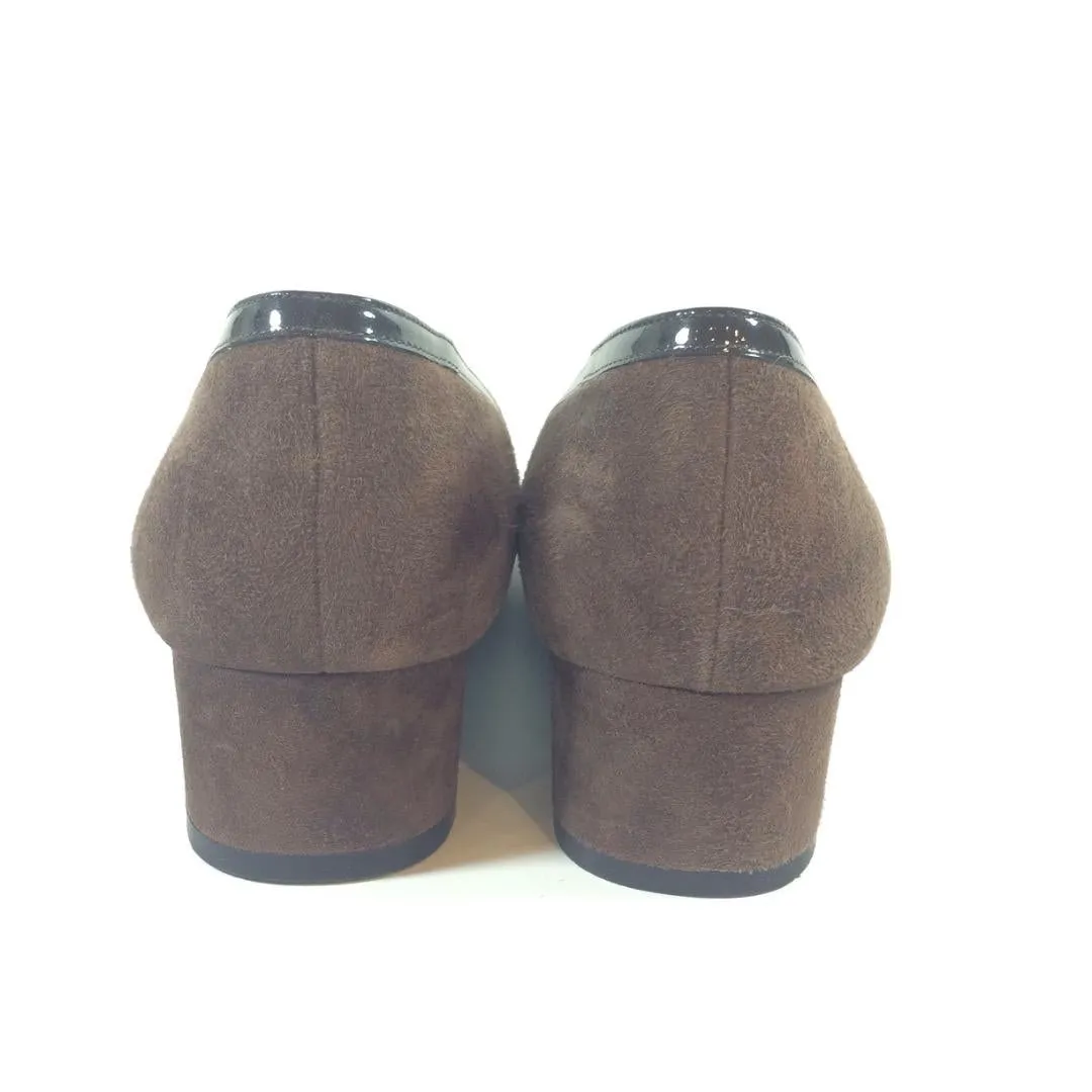 SALVATORE FERRAGAMO Chocolate Brown Suede Loafers with Patent Detail Size 8