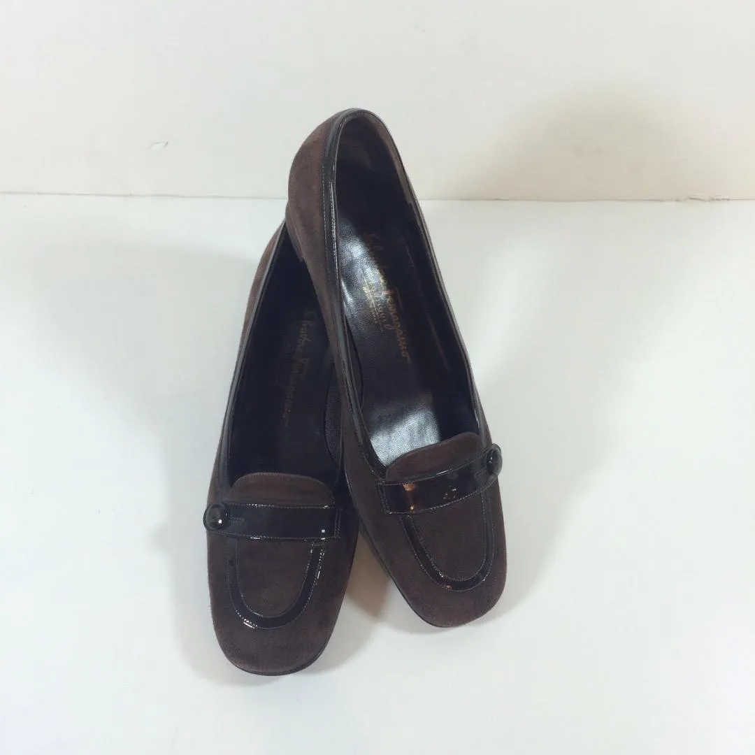 SALVATORE FERRAGAMO Chocolate Brown Suede Loafers with Patent Detail Size 8