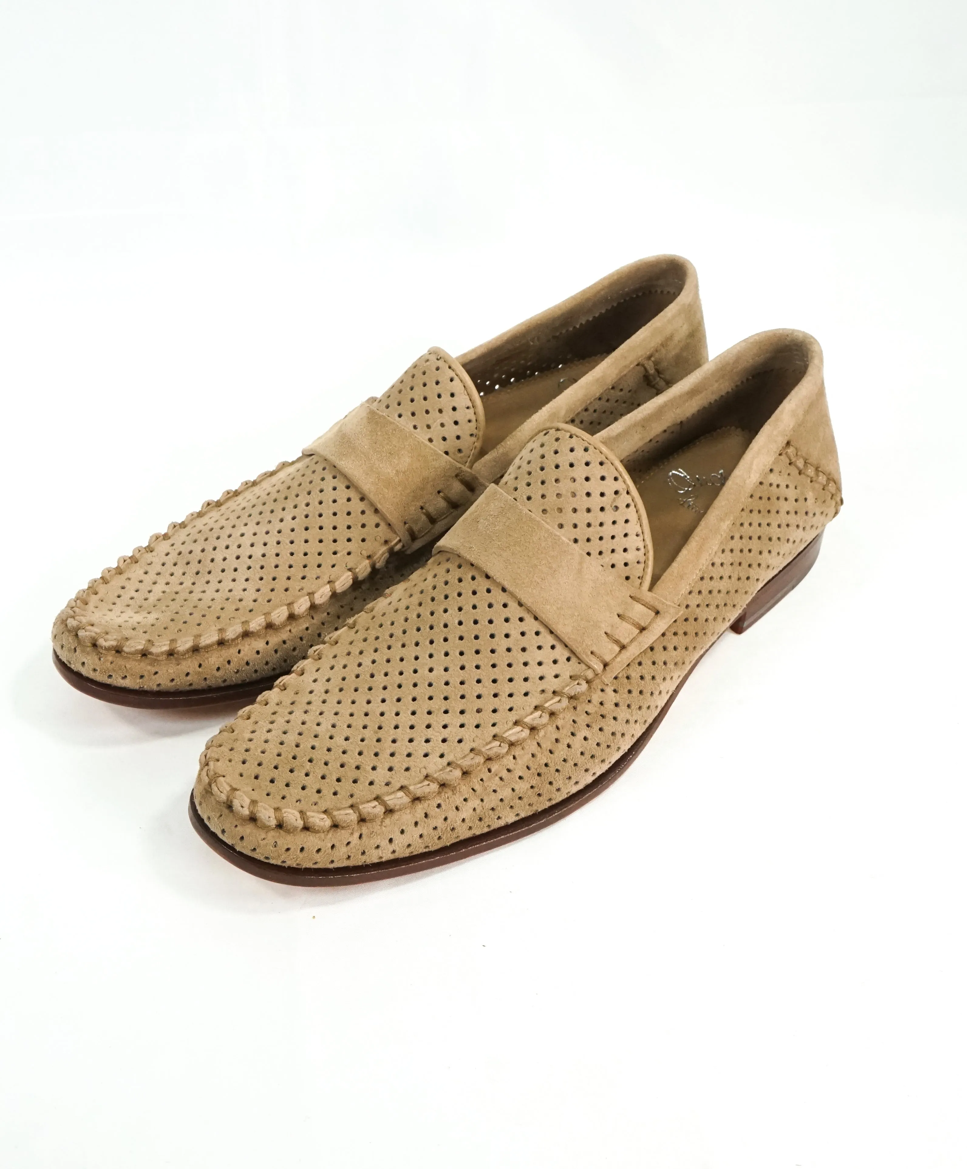 SANTONI - Beige Suede Leather Perforated Unlined Venetian Loafers - 11