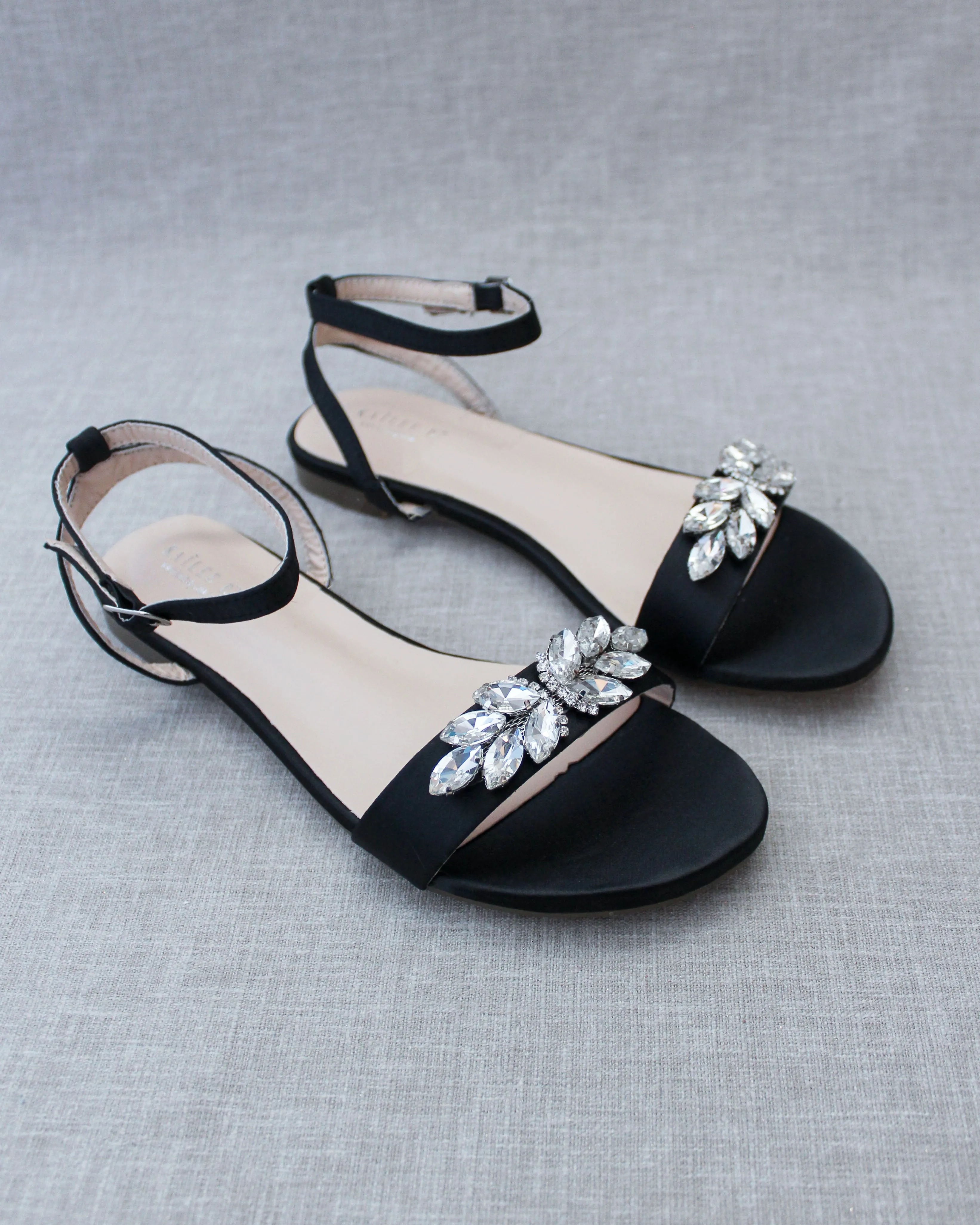 Satin Flat Sandal with Butterfly Brooch and Ankle Strap