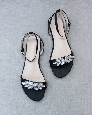 Satin Flat Sandal with Butterfly Brooch and Ankle Strap