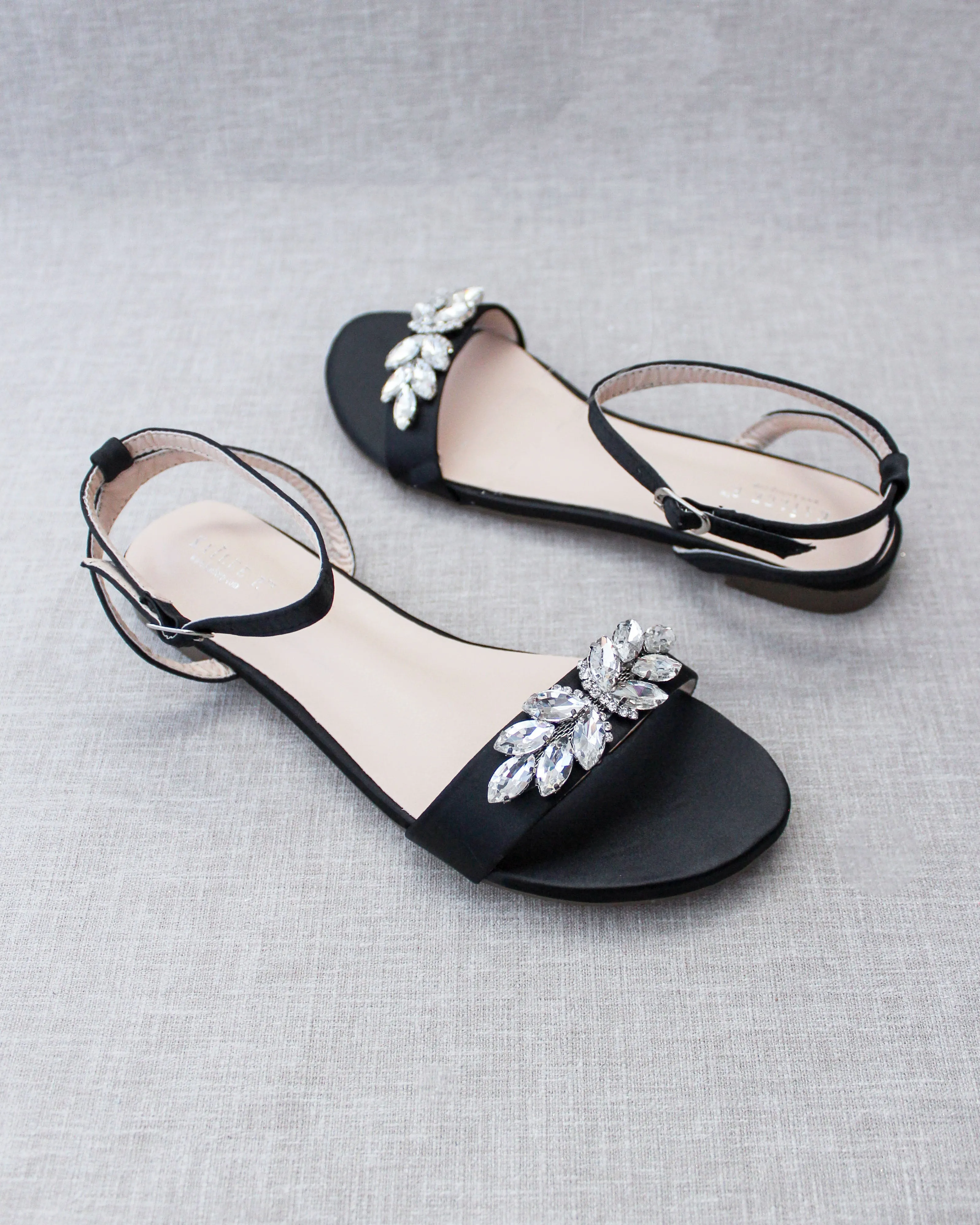 Satin Flat Sandal with Butterfly Brooch and Ankle Strap