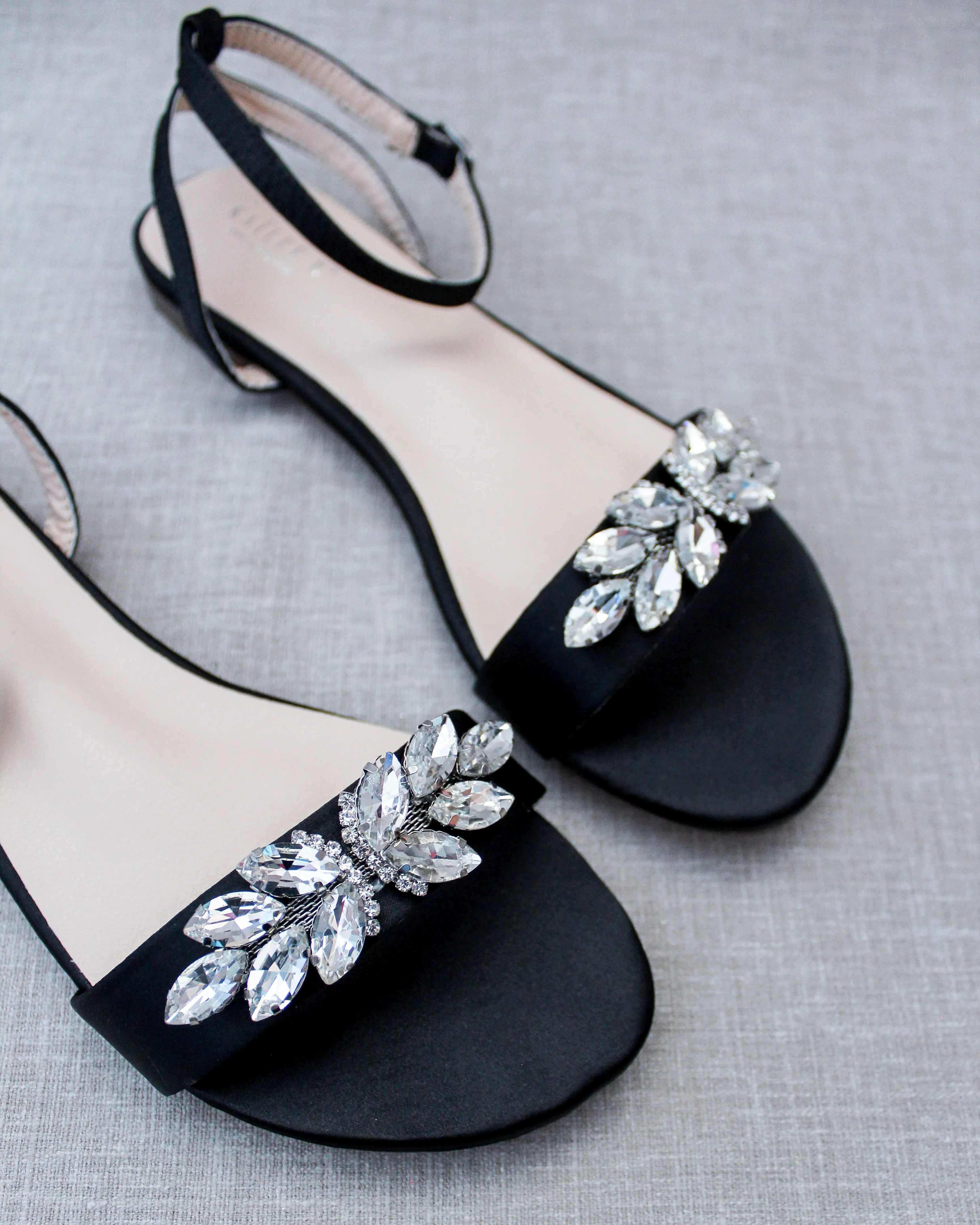 Satin Flat Sandal with Butterfly Brooch and Ankle Strap