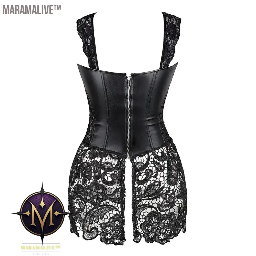 Sexy Burlesque Lingerie Gothic Faux Leather Steampunk Corset Plus Size Black Lace Bustier Overbust Corsage Korsett Corsets Top