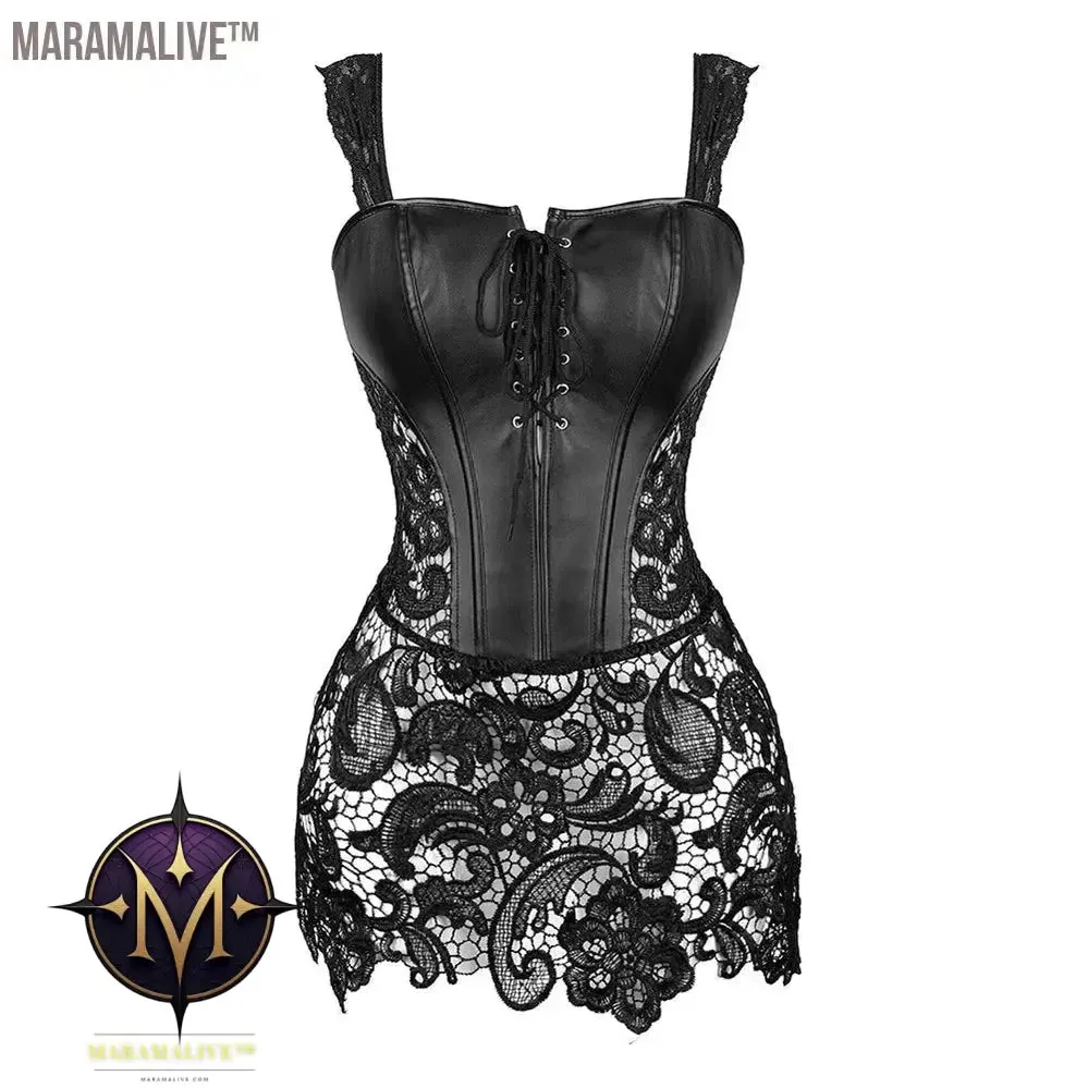 Sexy Burlesque Lingerie Gothic Faux Leather Steampunk Corset Plus Size Black Lace Bustier Overbust Corsage Korsett Corsets Top