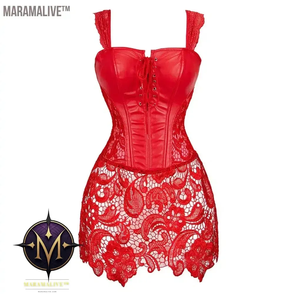 Sexy Burlesque Lingerie Gothic Faux Leather Steampunk Corset Plus Size Black Lace Bustier Overbust Corsage Korsett Corsets Top