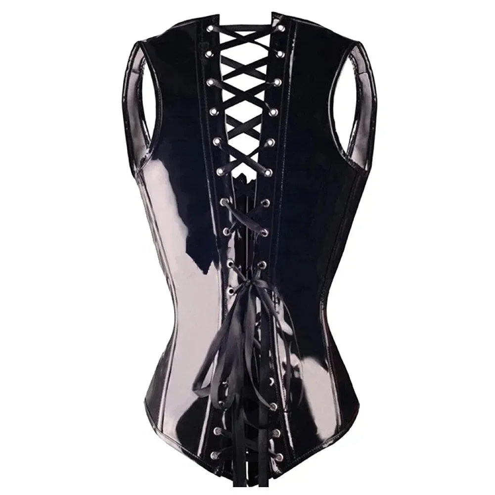 Sexy Fashion Wetlook PVC Faux Leather Gothic Bustier Corset Shiny PU Lingerie Body Shaper with Straps Steampunk Basque