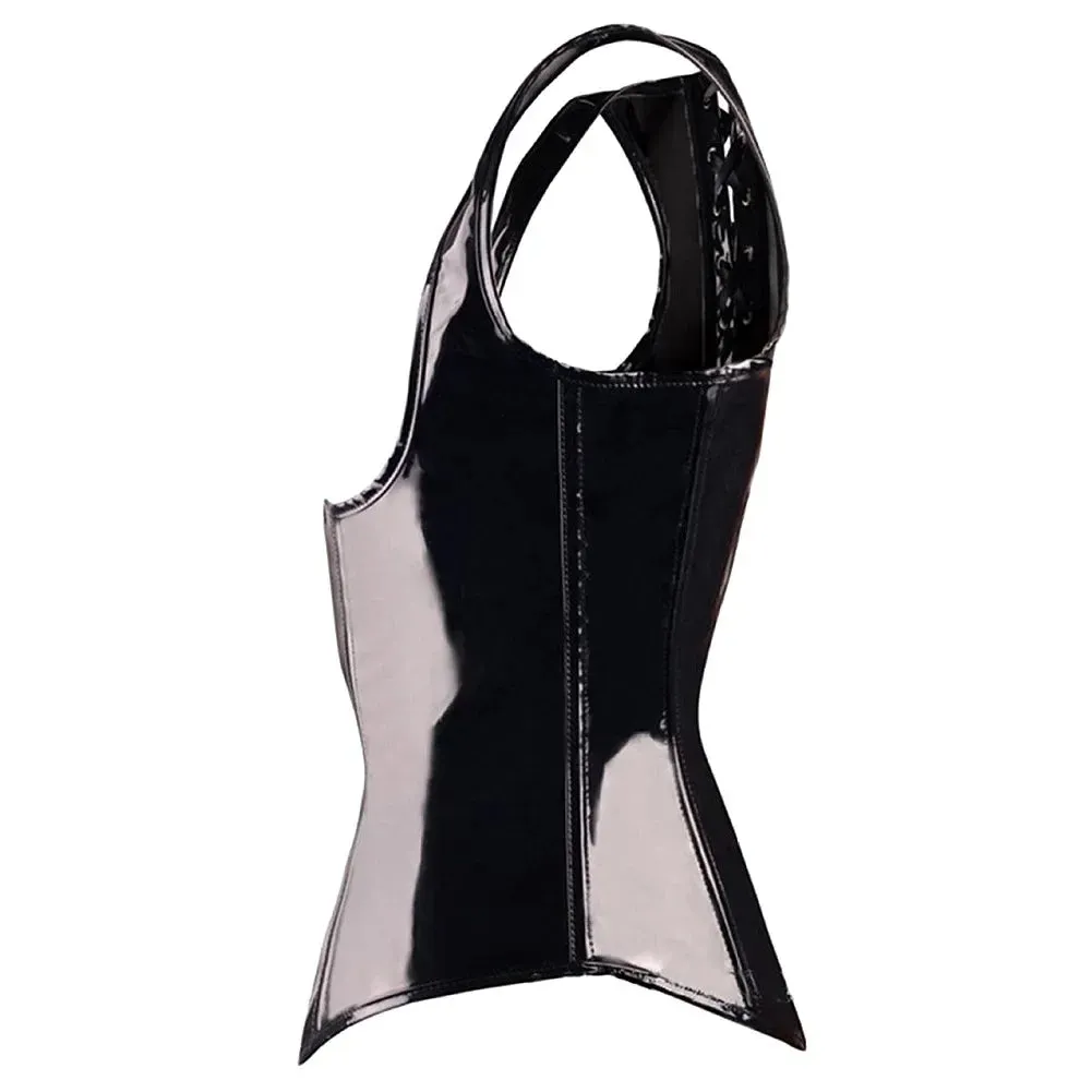 Sexy Fashion Wetlook PVC Faux Leather Gothic Bustier Corset Shiny PU Lingerie Body Shaper with Straps Steampunk Basque