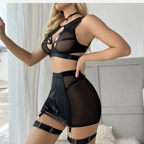 Sexy Lingerie Women Lace Babydoll Mesh Nightwear Chemise Nightie Bra Panty Set