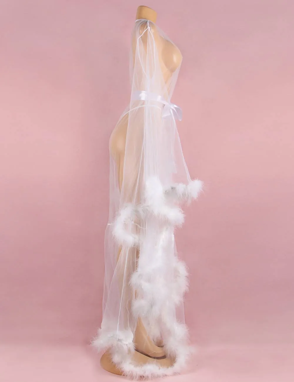 Sexy Robe Plush Edging Mesh Wide Sleeves With Belt Lingerie Egypt