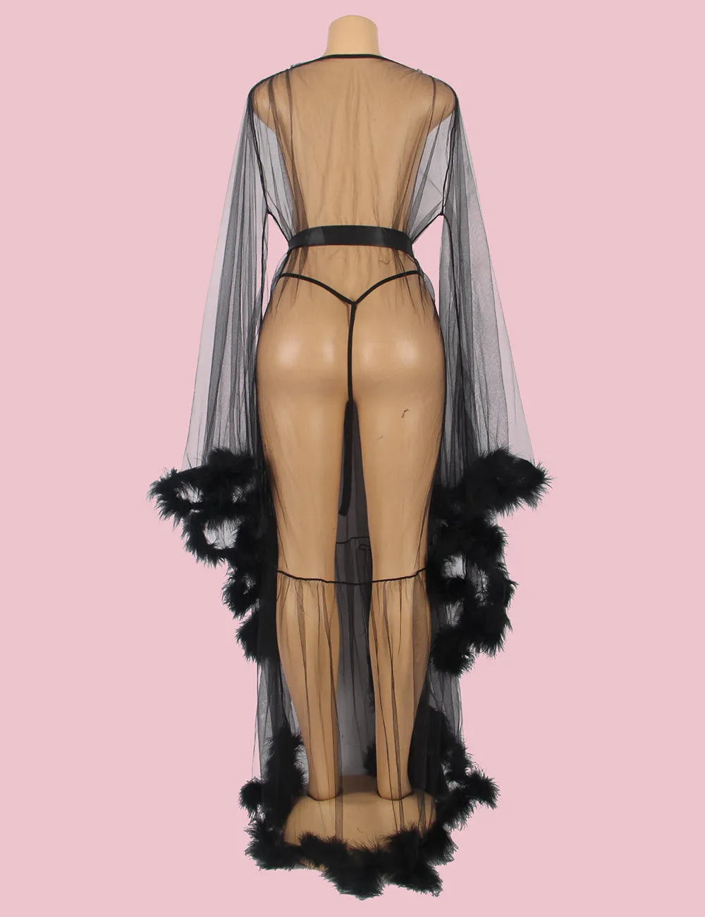 Sexy Robe Plush Edging Mesh Wide Sleeves With Belt Lingerie Egypt