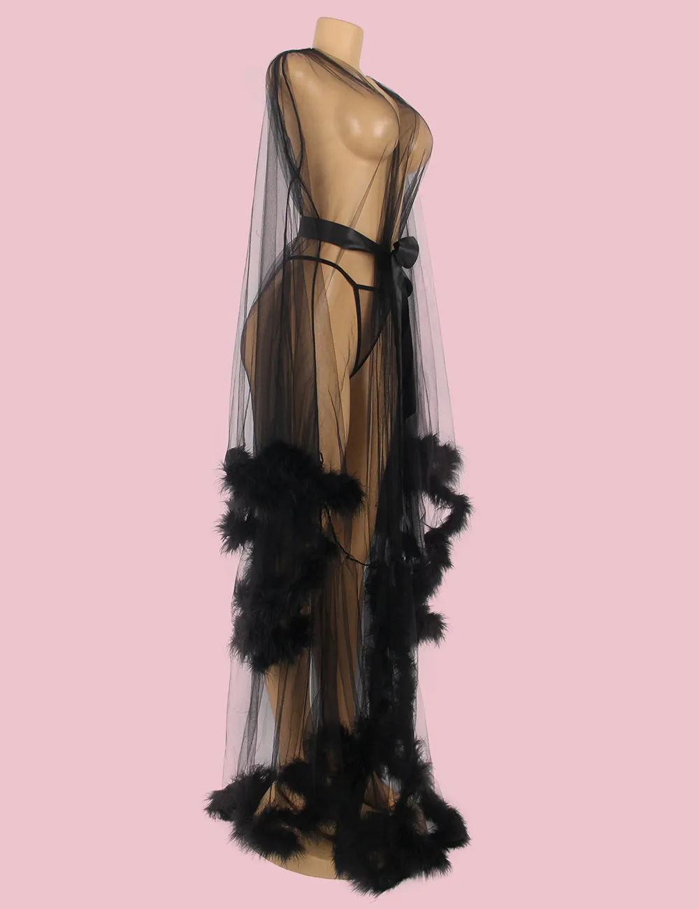Sexy Robe Plush Edging Mesh Wide Sleeves With Belt Lingerie Egypt