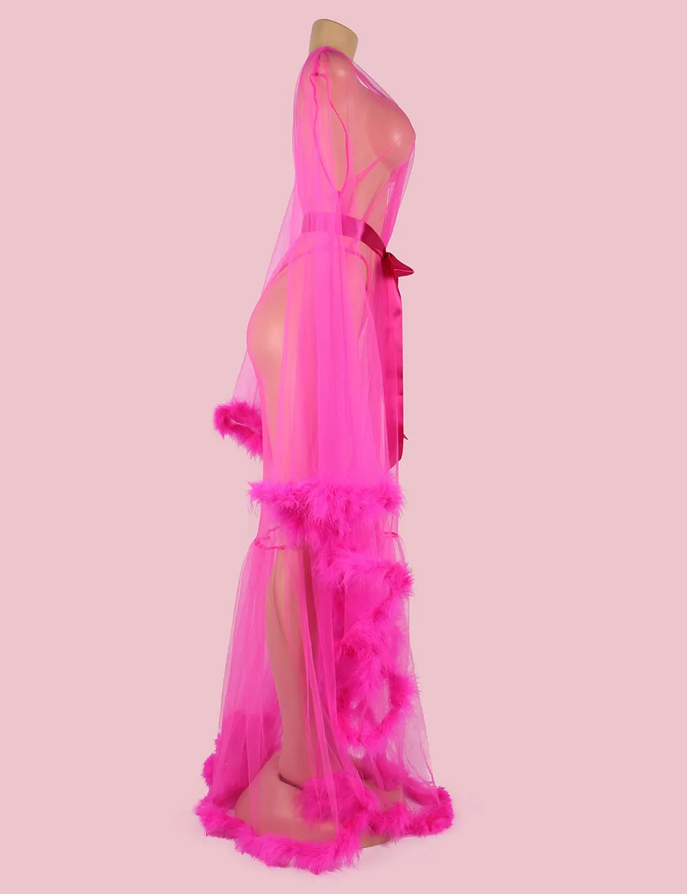 Sexy Robe Plush Edging Mesh Wide Sleeves With Belt Lingerie Egypt