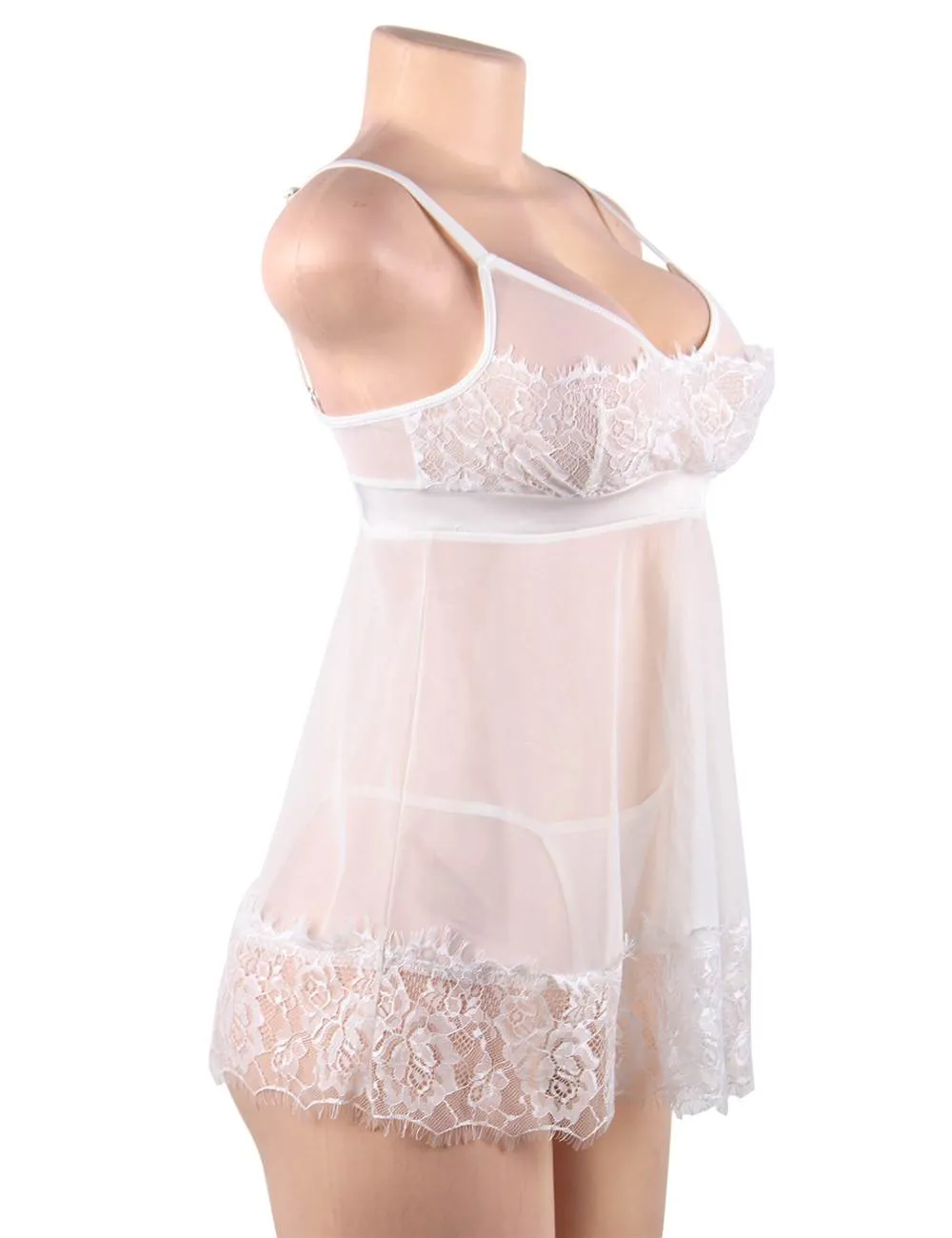 Sexy White Eyelash Trim Lace Babydoll Egypt Set