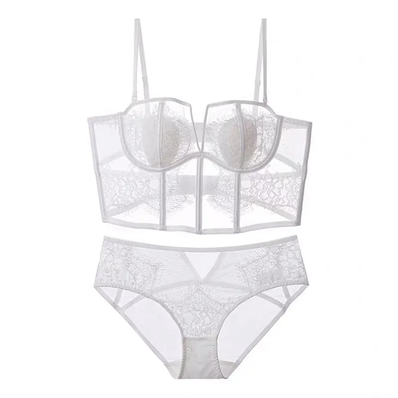 Sheer and Lace Corset Top and Underwear Set