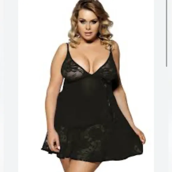 Sheer Lace Babydoll Chemise With G-String Black 5XL 16-18