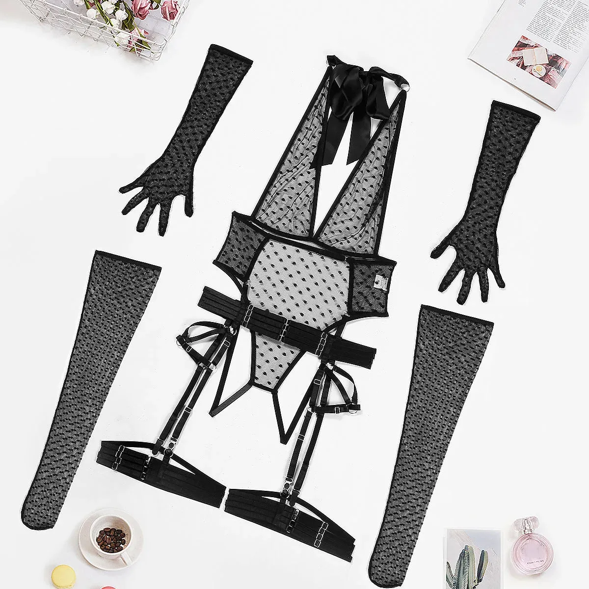 Sheer Polka Dot Pink Lingerie Set