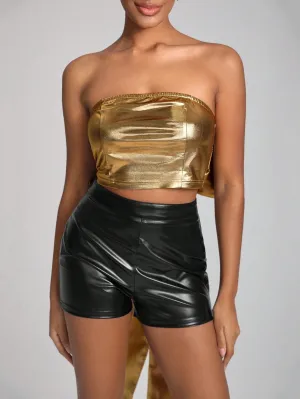 SHONTAY RACQUEL Gold Metallic Corset Top with Bow in the Back