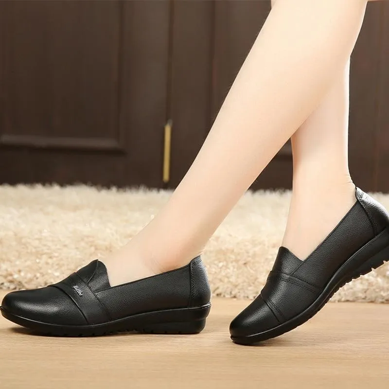 Slip-on loafers flats women shoes genuine leather flats size 35-41 round toe solid black shoes