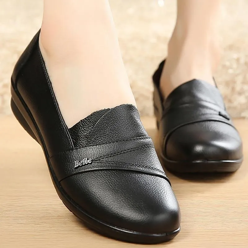 Slip-on loafers flats women shoes genuine leather flats size 35-41 round toe solid black shoes