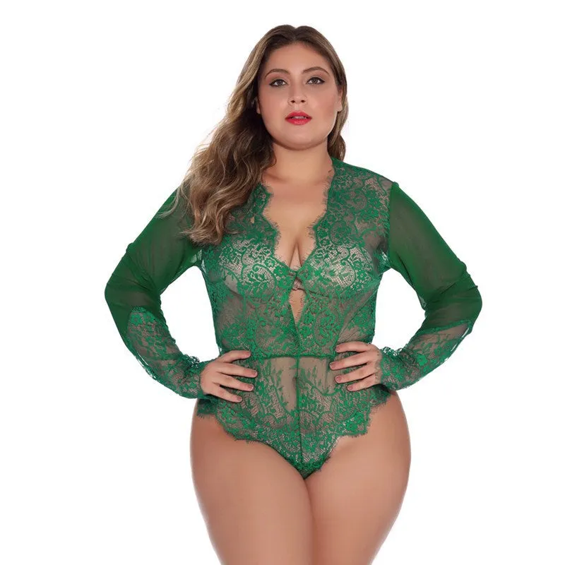 Spring And Summer Erotic Lingerie Low Neck Long Sleeves Lace Mesh Perspective Plus Size Sexy Corset