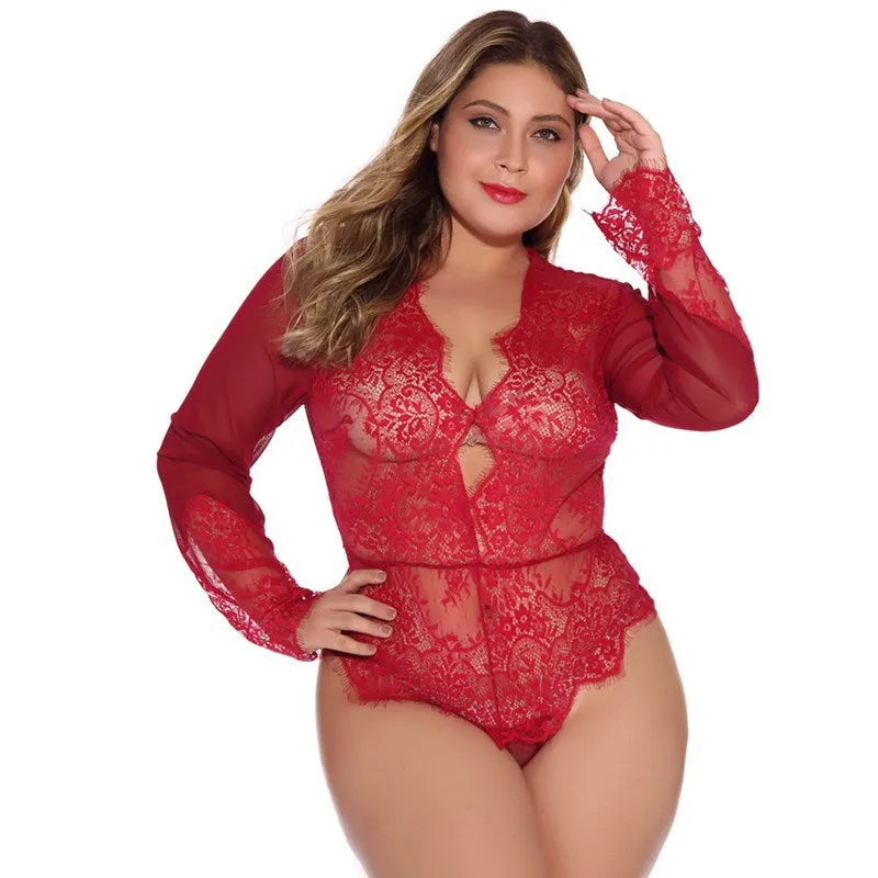 Spring And Summer Erotic Lingerie Low Neck Long Sleeves Lace Mesh Perspective Plus Size Sexy Corset
