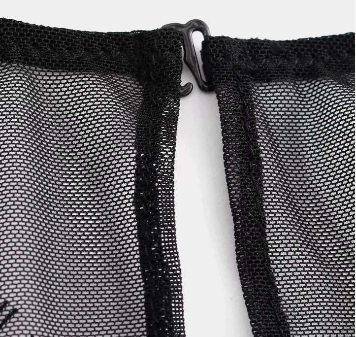 Spring And Summer Erotic Lingerie Low Neck Long Sleeves Lace Mesh Perspective Plus Size Sexy Corset