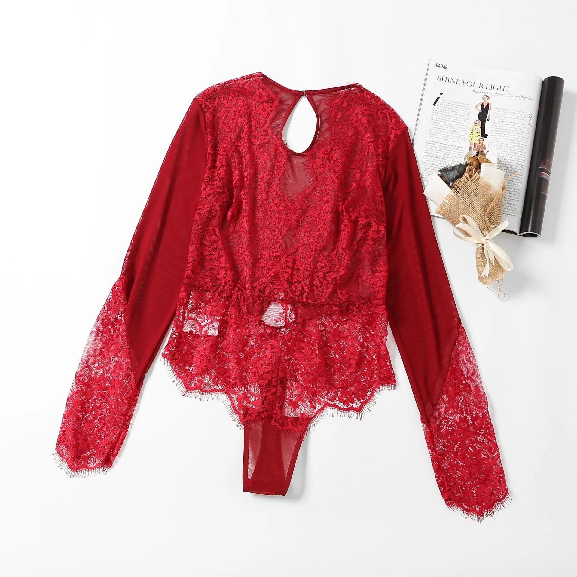 Spring And Summer Erotic Lingerie Low Neck Long Sleeves Lace Mesh Perspective Plus Size Sexy Corset