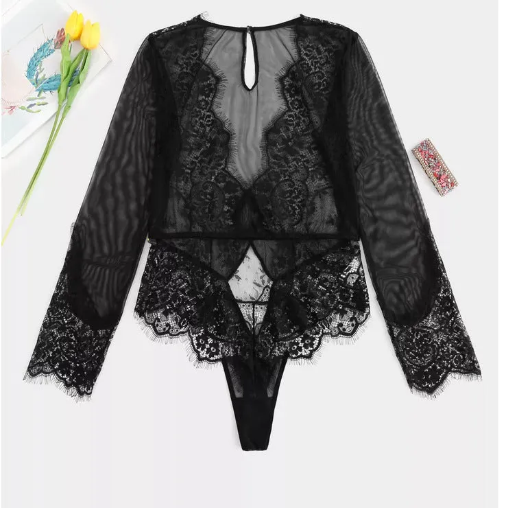 Spring And Summer Erotic Lingerie Low Neck Long Sleeves Lace Mesh Perspective Plus Size Sexy Corset