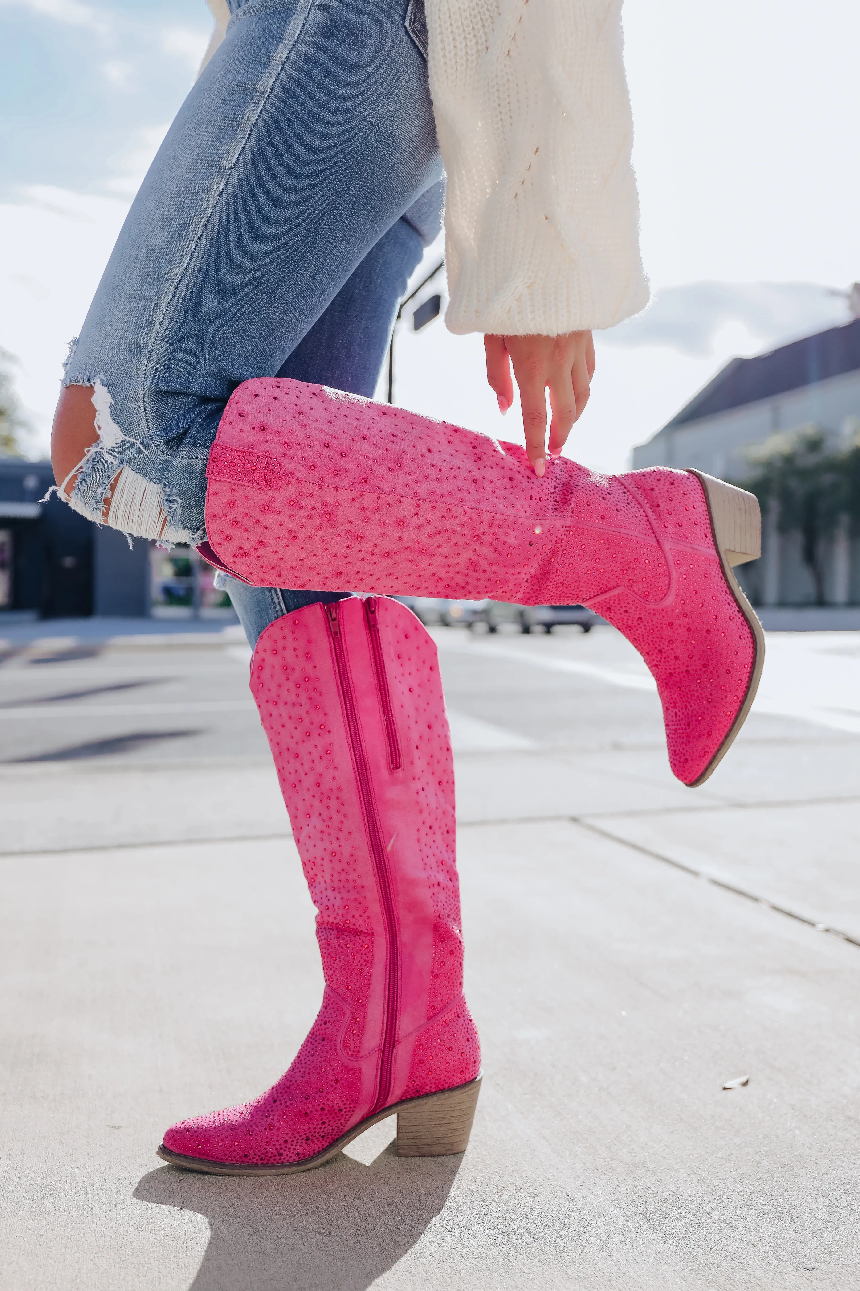 Steppin' Out Rhinestone Knee High Boot - Pink