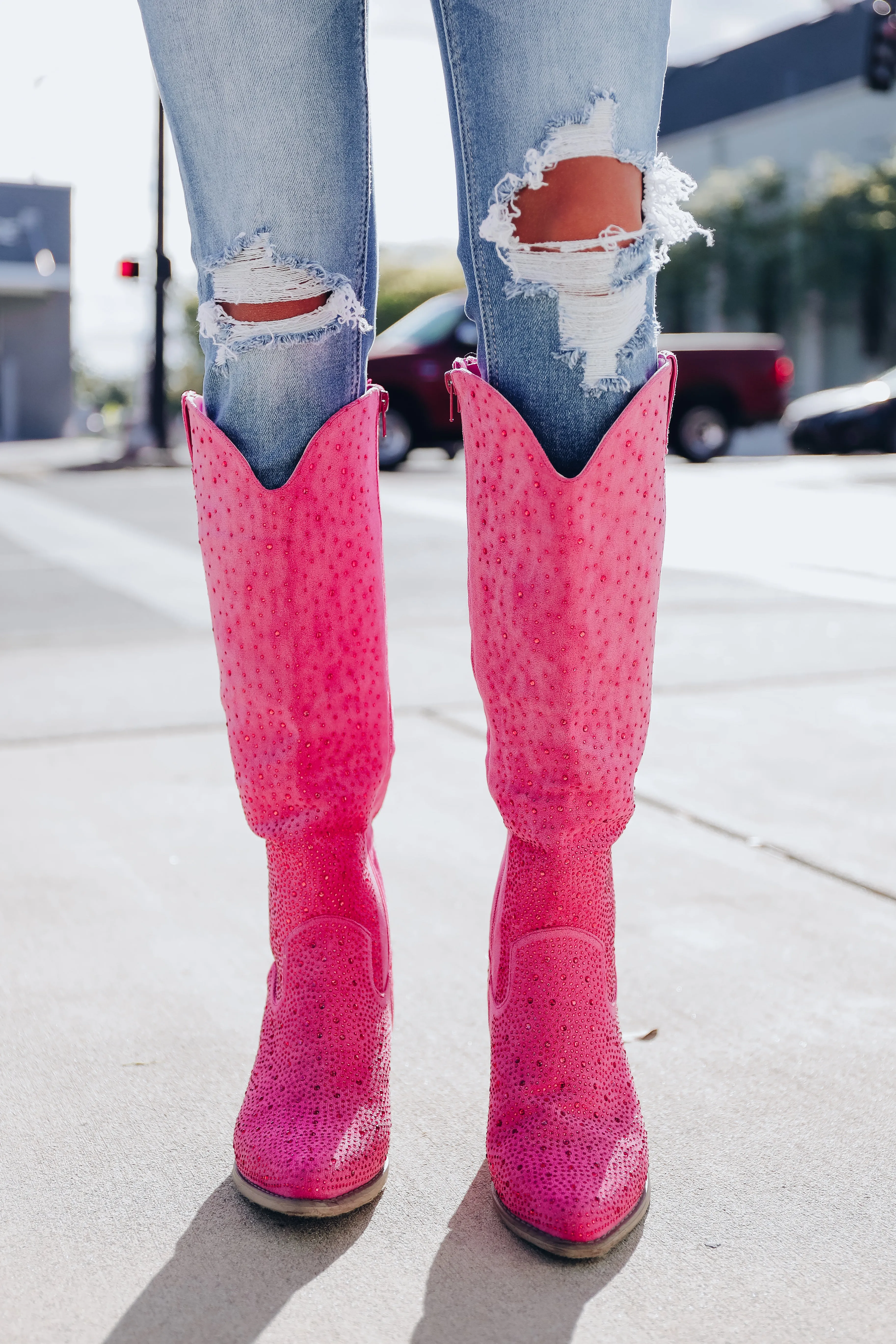 Steppin' Out Rhinestone Knee High Boot - Pink