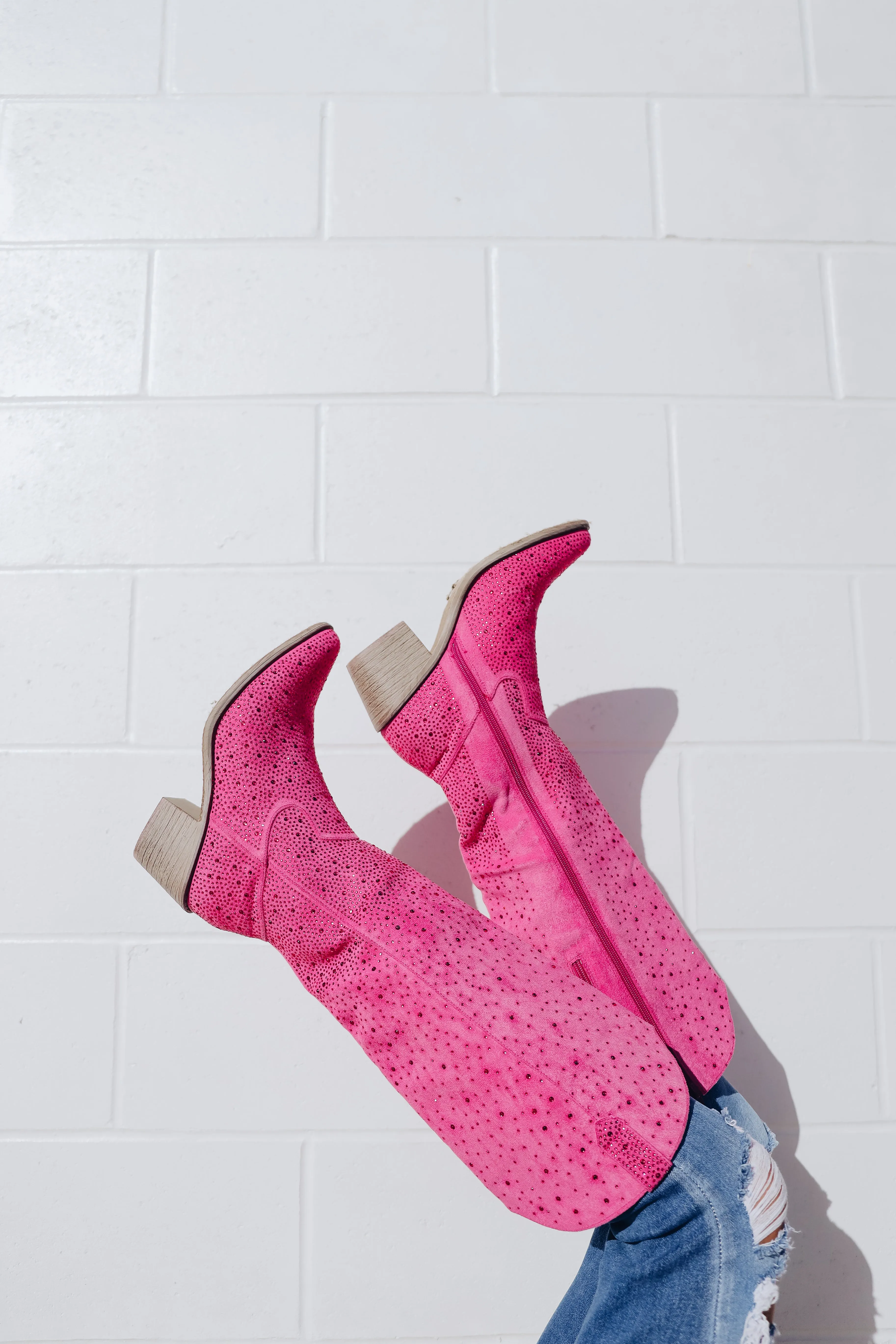 Steppin' Out Rhinestone Knee High Boot - Pink