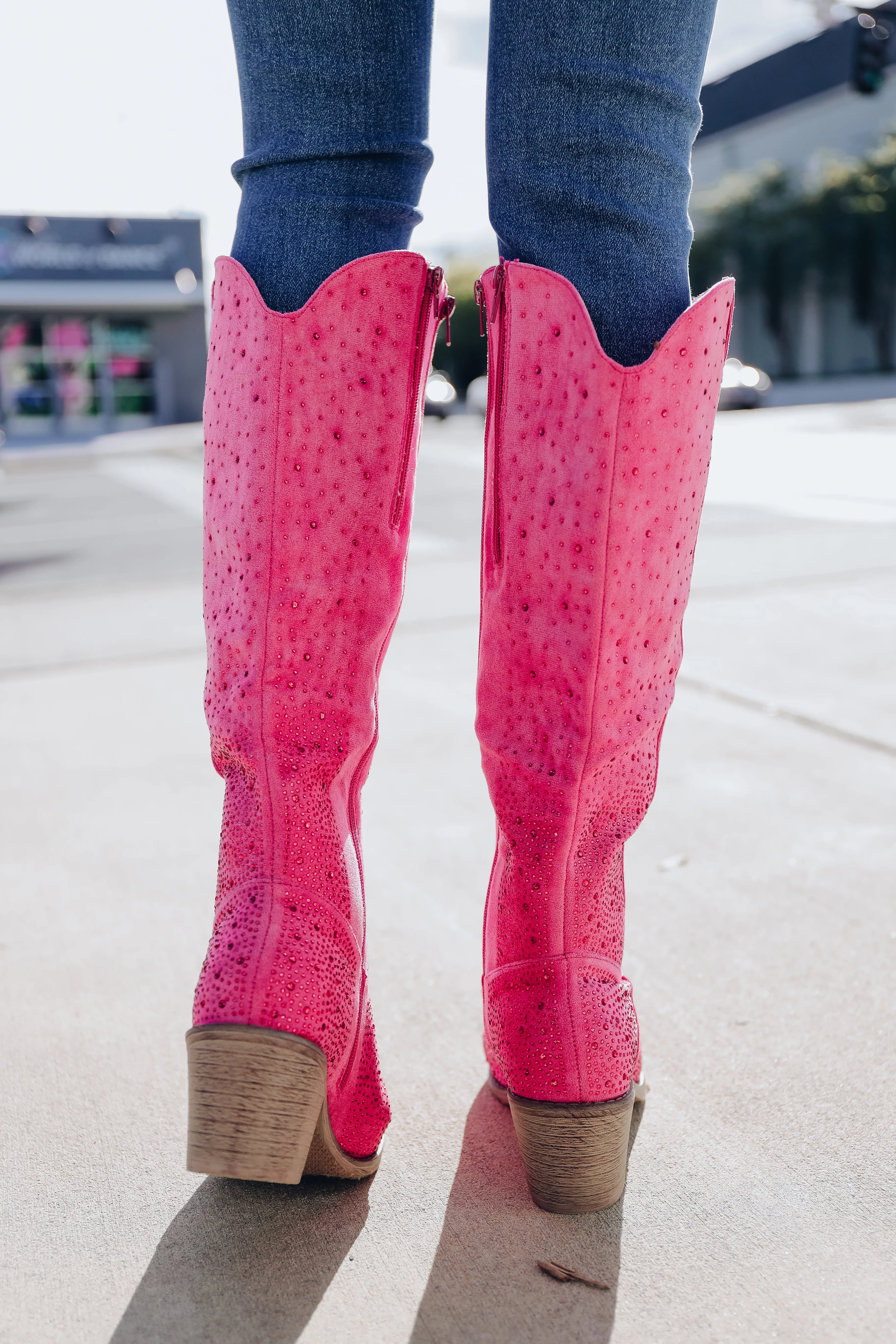 Steppin' Out Rhinestone Knee High Boot - Pink