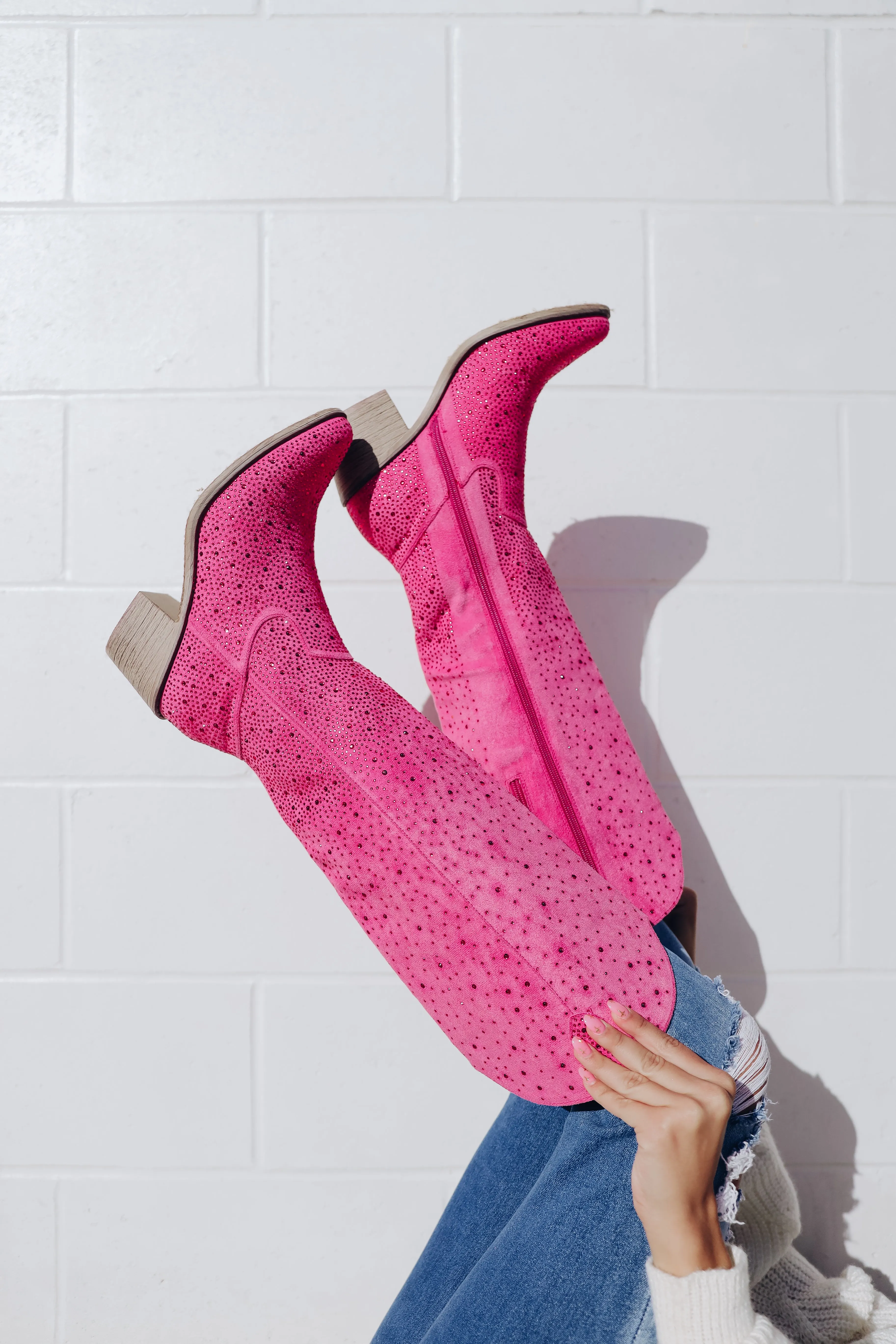 Steppin' Out Rhinestone Knee High Boot - Pink