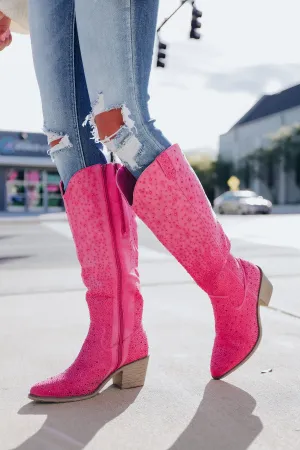 Steppin' Out Rhinestone Knee High Boot - Pink