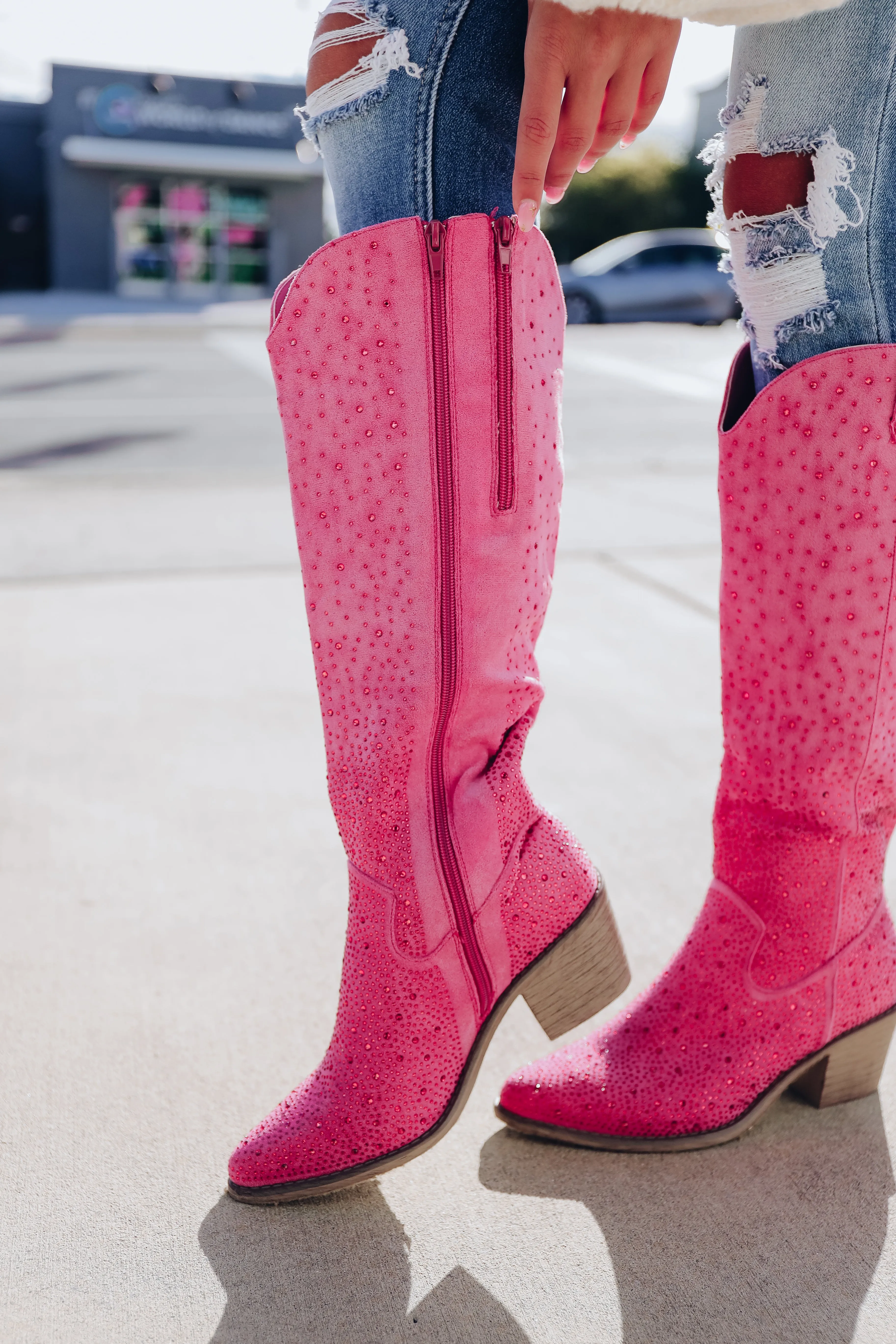 Steppin' Out Rhinestone Knee High Boot - Pink