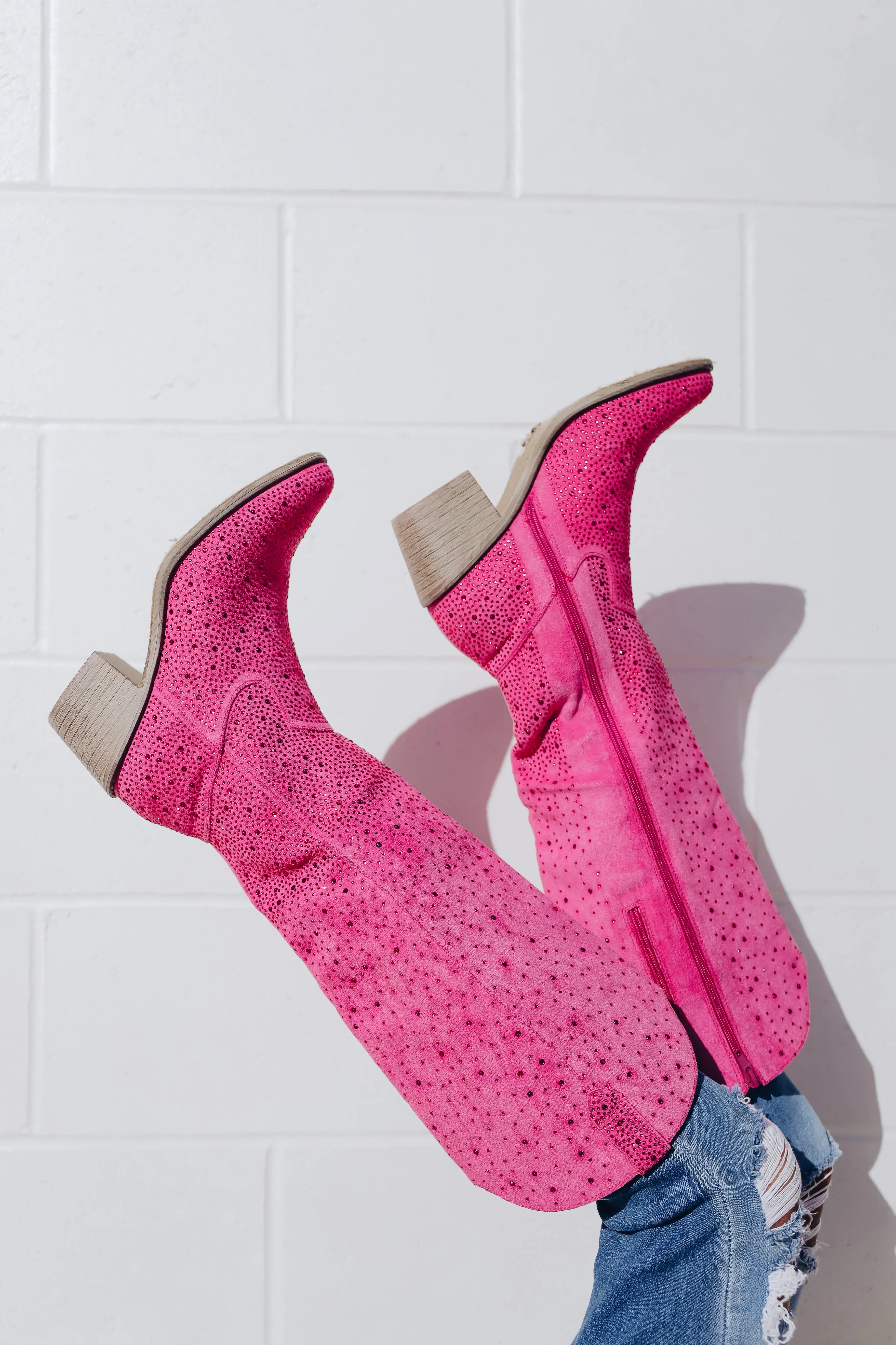 Steppin' Out Rhinestone Knee High Boot - Pink