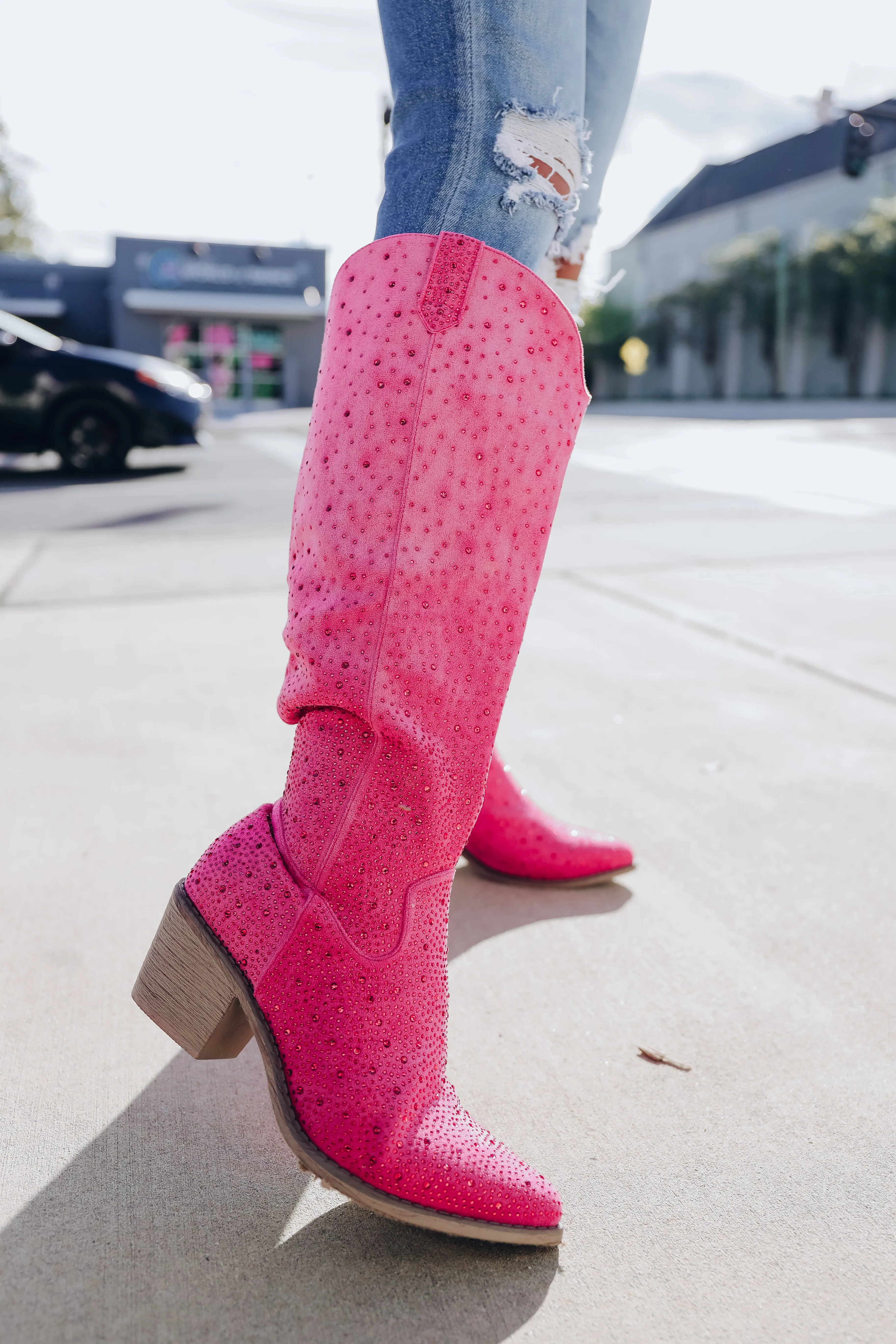 Steppin' Out Rhinestone Knee High Boot - Pink