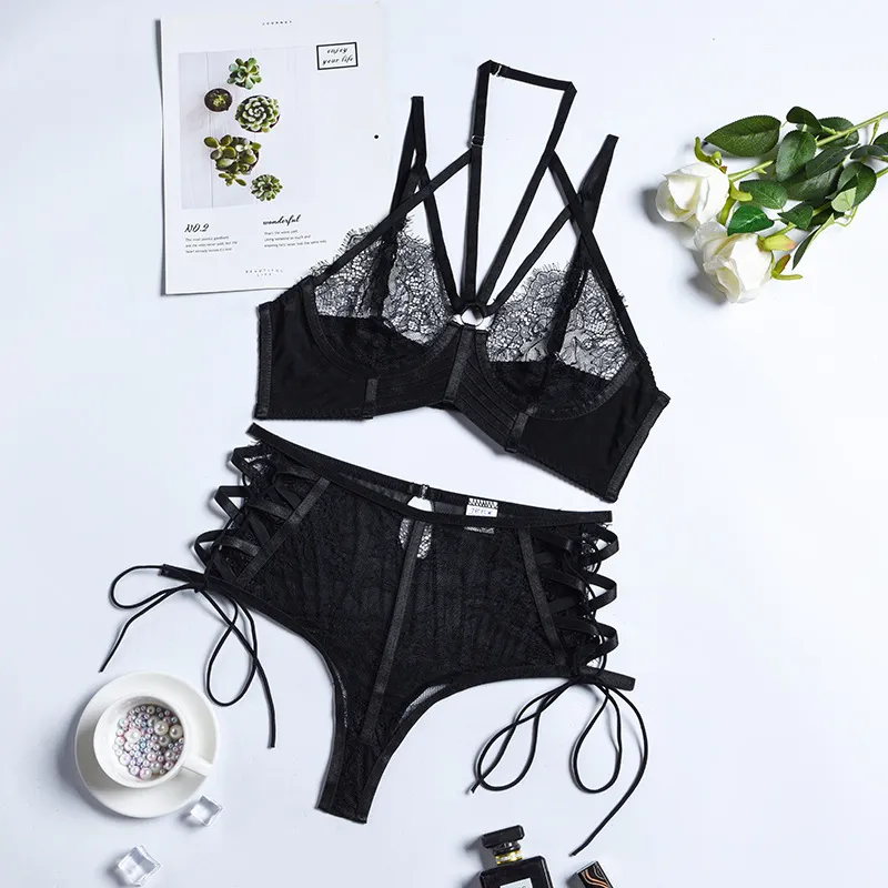 Strapped Corset Lace Up Lingerie Set