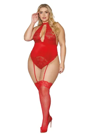 Stretch Lace and Stretch Velvet Garter Teddy Curvy Size
