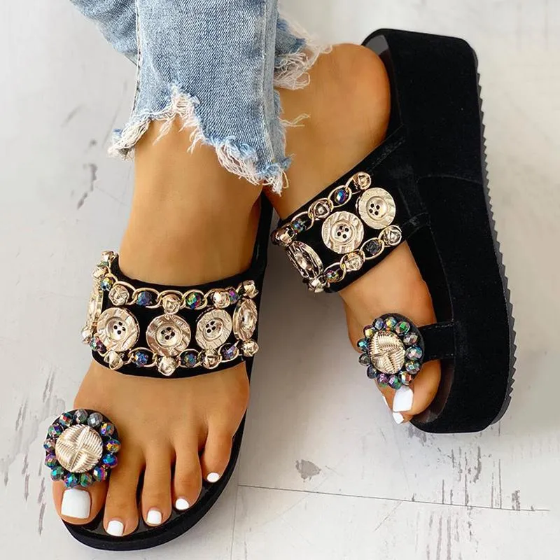 Studded Detail Toe Ring Flat platform sandals