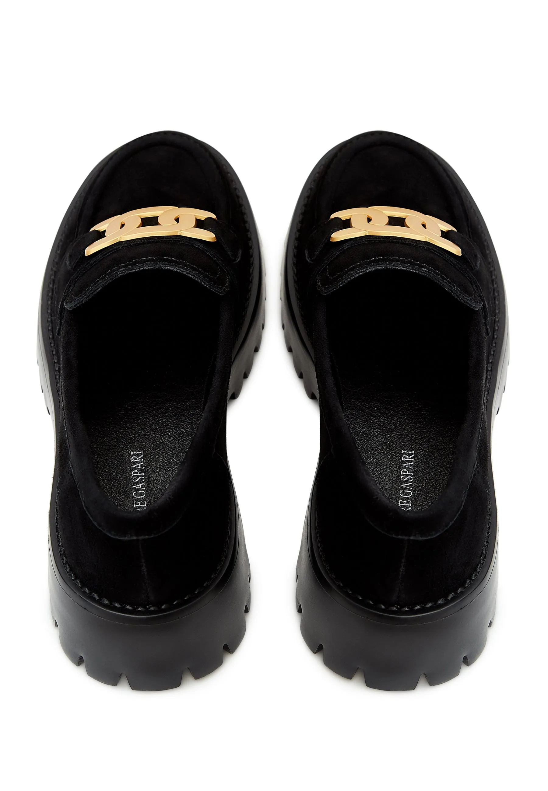 Suede Chunky Loafers with Golden Chain - Black